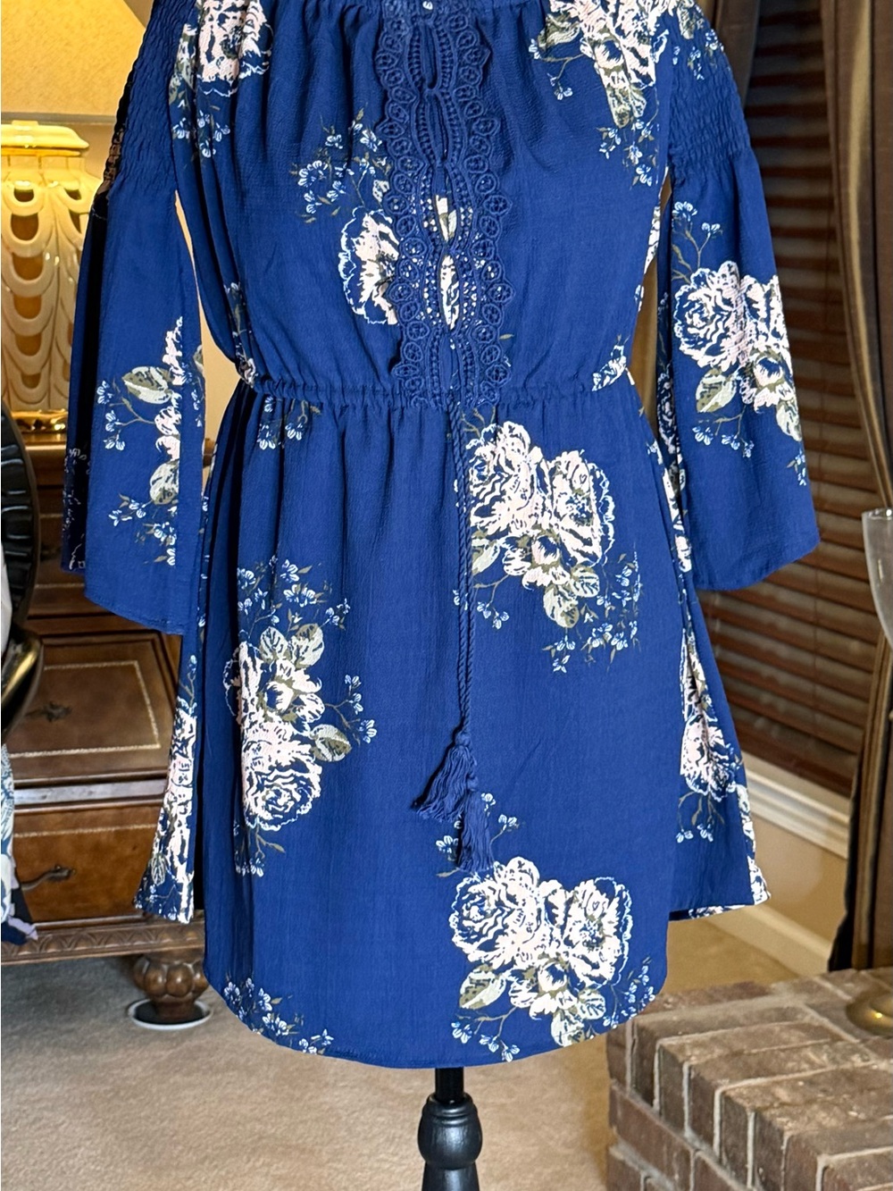 Fortune Navy Floral Boho Dress L Crochet Tassel Romantic Cottagecore